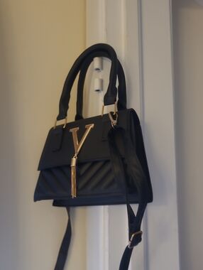 Black Structured Top-Handle Bag with Gold V Accent No Brand